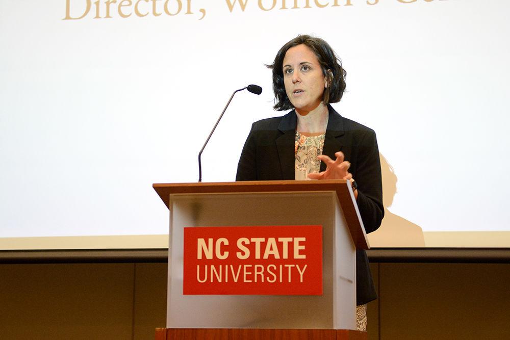 Lisa LaBarbera-Mascote, the director of the Women's Center, talks about the resources available on campus for students of all genders during the Sexual Assault Town Hall on Tuesday. The event was a part of the "It&#8217;s On Us" college sexual assault awareness campaign, which has been a part of two thousand campus events so far.