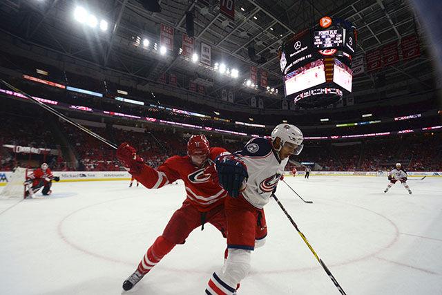 Hurricanes forward Jordan Staal attacks Blue Jackets defenseman Seth Jones during the second period April 2 at PNC Arena. Jones earned one point during the game with his assist for Boone Jenner's second goal. The Hurricanes eventually fell to the Blue Jackets 5-1, thus eliminating the Hurricanes' playoff chances for the seventh consecutive season.&#160;