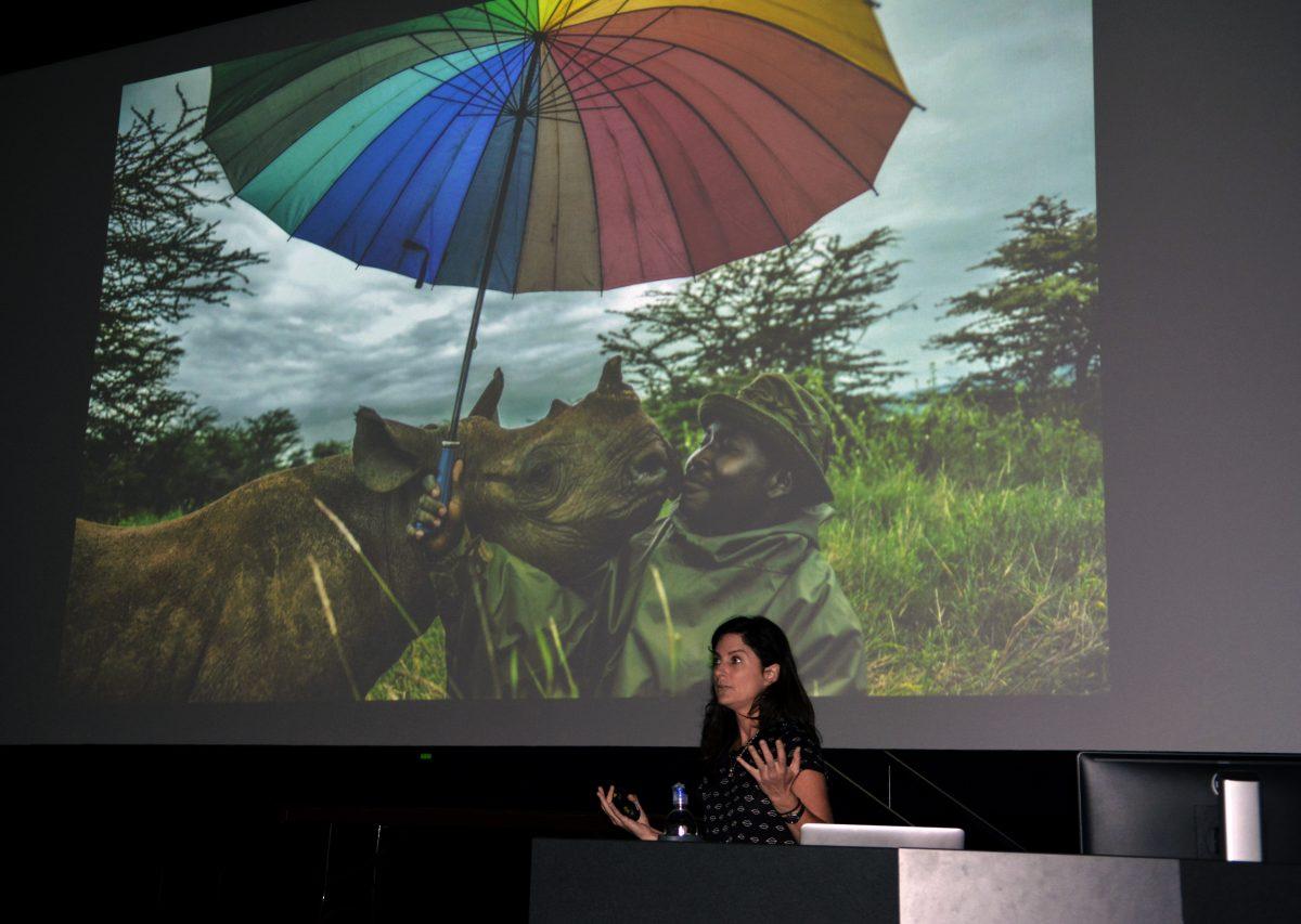 Ami Vitale, a photojournalist with National Geographic Magazine, talks about her experience with rhinos in Kenya during a University Scholars Program event in Witherspoon Student Center on Oct. 16. "It's not about the camera,&#8221; Vitale said about photojournalism, &#8220;It's about who you are and your relationships.&#8221;