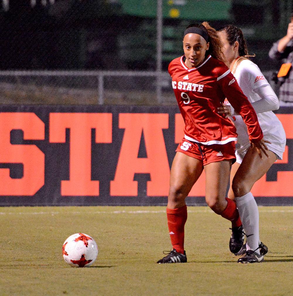 Junior forward Maxine Blackwood looks to pass during the game against Clemson. The Wolfpack would go on to win the game 1-0 in Dail Soccer Stadium on Thursday.