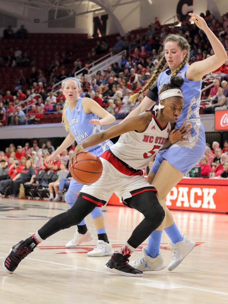 Junior forward Chelsea Nelson makes her way into the paint during the game against UNC. The Wolfpack dominated the Heels on route to a 80-60 victory in Reynolds Coliseum on Feb. 23.