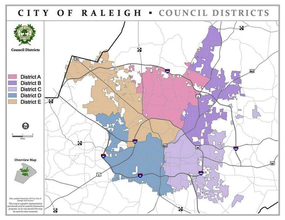Raleigh's five City Council districts.