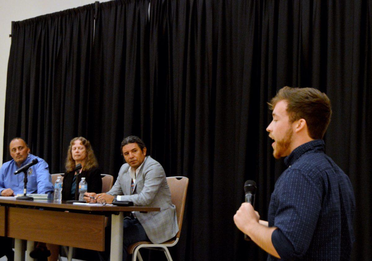 Randy Bazhaw, a third-year studying civil engineering, talks about his tribe, the Citizen Potawatomi Nation, during Indigenous Peoples' Day in Talley Student Union on Monday.&#160;Dr. Frank Cooper, a Lumbee Tribal Council representative for Hoke County, Dr. Gabrielle Vail and Dr. Del Valle Escalante, the Associate Professor of Spanish at UNC Chapel Hill were panelists to answer questions related to Native American culture and history. Indigenous Peoples' Day was sponsored by Native American Student Affairs.