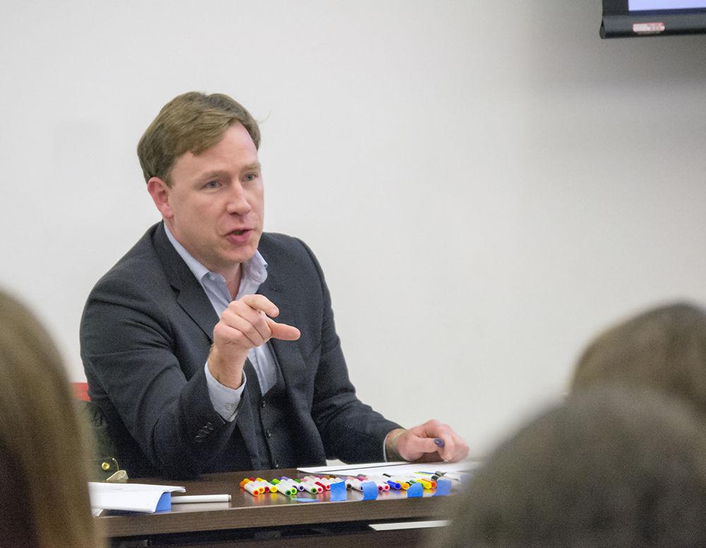Chris Brooks, legal director of the American Civil Liberties Union of North Carolina, explains Supreme Court cases involving the GLBT community to an audience of students in Talley Student Union on Wednesday. The event was held to investigate the wins and losses in legal protections for the GLBT community in America.