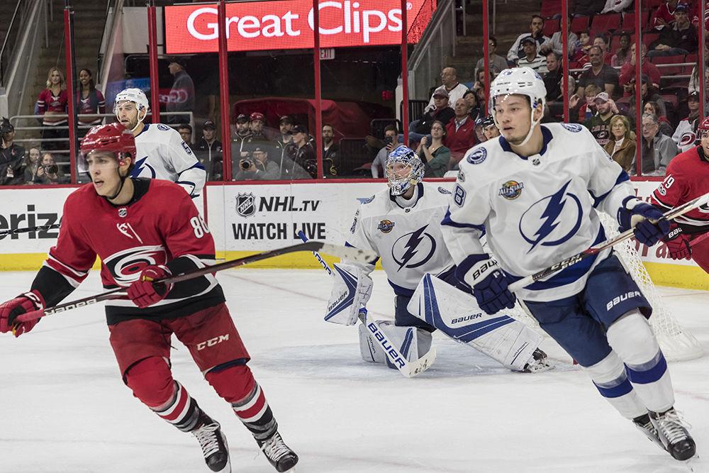Hurricanes forward Teuvo Teravainen skates after the puck in the Tampa Bay zone on Tuesday October 24. The Hurricanes Lost to Tampa Bay 5-1 at the PNC Arena.