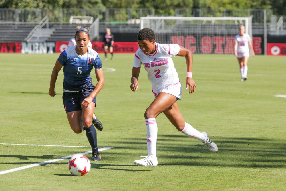 Sophomore midfielder Tziarra King chases down the ball ahead of the Syracuse defense. King had a dominant two goals and one assist during the 3-0 win over Syracuse on Saturday, Oct 14 in Dail Soccer Stadium.