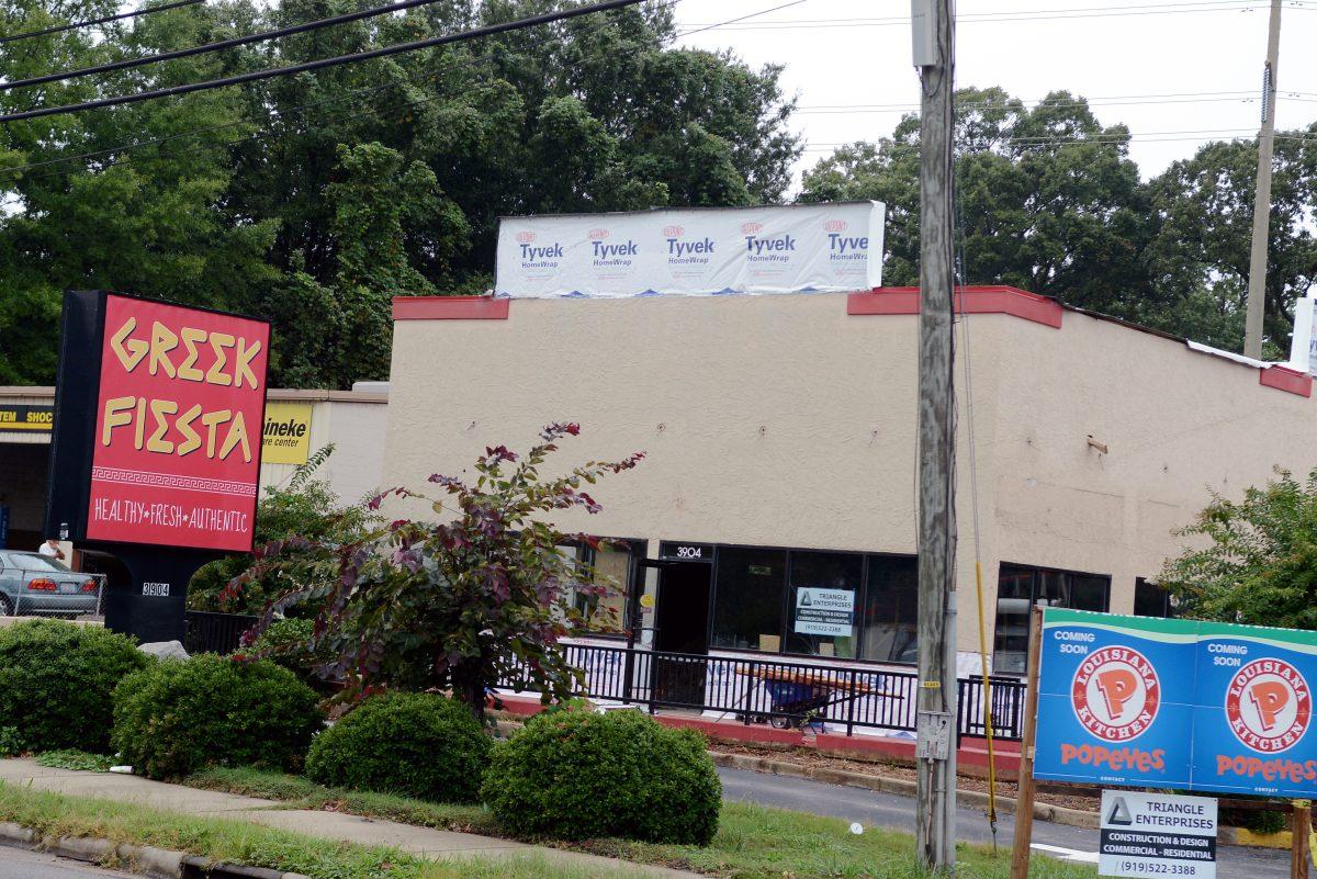 The now-closed site of Greek Fiesta located at 3904 Western Boulevard, in between Meineke Car Care Center and Boulevard Animal Hospital. The location is in the process of being converted into a Popeyes, which specializes in fast food fried chicken.&#160;