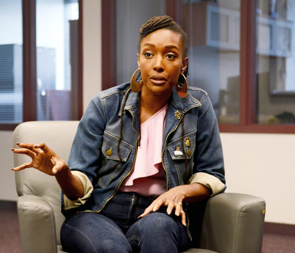 Franchesca Ramsey, social media activist and host of MTV Decoded, answered a question during a press interview in the African American Cultural Center in Witherspoon Student Center Monday. Ramsey was the guest speaker selected to headline the campus Diversity Dialogue as part of Diversity Education Week.