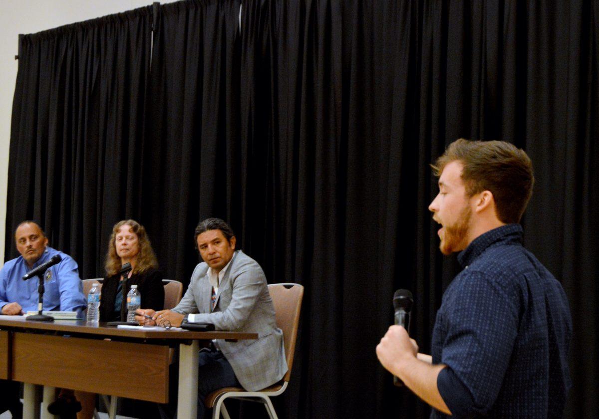 Randy Bazhaw, a third-year studying civil engineering, talks about his tribe, the Citizen Potawatomi Nation, during Indigenous Peoples' Day in Talley Student Union on Monday.&#160;Dr. Frank Cooper, a Lumbee Tribal Council representative for Hoke County, Dr. Gabrielle Vail and Dr. Del Valle Escalante, the Associate Professor of Spanish at UNC Chapel Hill were panelists to answer questions related to Native American culture and history. Indigenous Peoples' Day was sponsored by Native American Student Affairs.