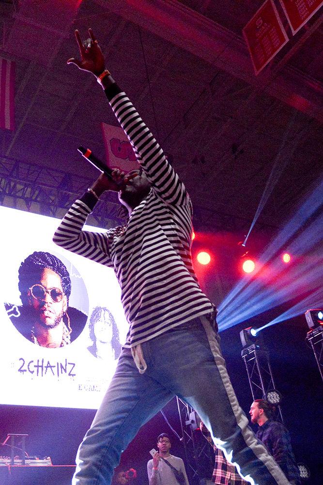 Rapper K CAMP steps hops across large speakers in front of the stage. The NC State Homecoming Concert is organized by UAB as a part of Red and White week at NC State. The concert took place at Reynolds Coliseum on Friday Oct. 27.