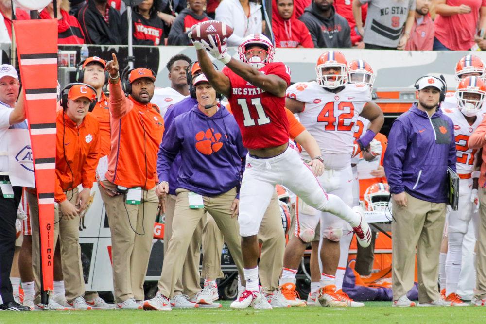 Redshirt sophomore wide receiver Jakobi Meyers reels in a catch. Meyers had a team-high nine receptions for 105 yards through the air during the 38-31 heartbreaking loss to Clemson on Saturday, Nov. 4 in Carter-Finley Stadium.