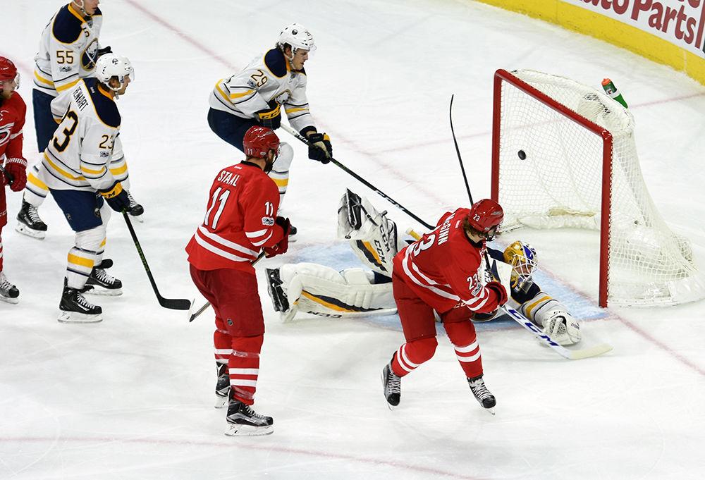 Hurricanes forward Brock McGinn nets his first goal of the game against the Sabres in PNC Arena on Jan. 13. McGinn tallied two goals during the game, including the game-winner in Carolina's 5-2 victory over Buffalo.&#160;