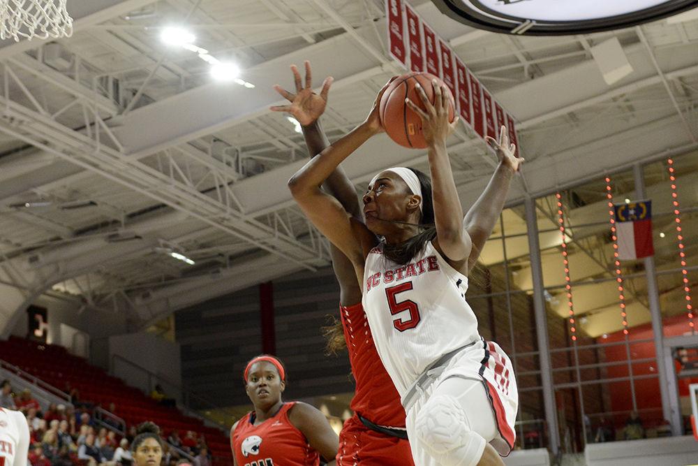 Senior forward Chelsea Nelson attacks the basket during the Wolfpack's 71-50 win over South Alabama on Nov. 17 at Reynolds Coliseum. Nelson was in double figures, scoring 10 points and grabbing 10 rebounds.