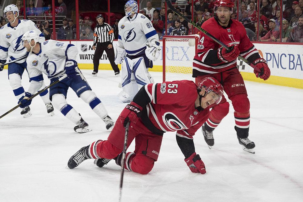 Assistant Captain Jeff Skinner expresses frustration after a missed shot on goal. The Hurricanes lost their 3rd home game to the Tampa Bay Lighting 5-1 at the PNC Arena on Tuesday October 24.