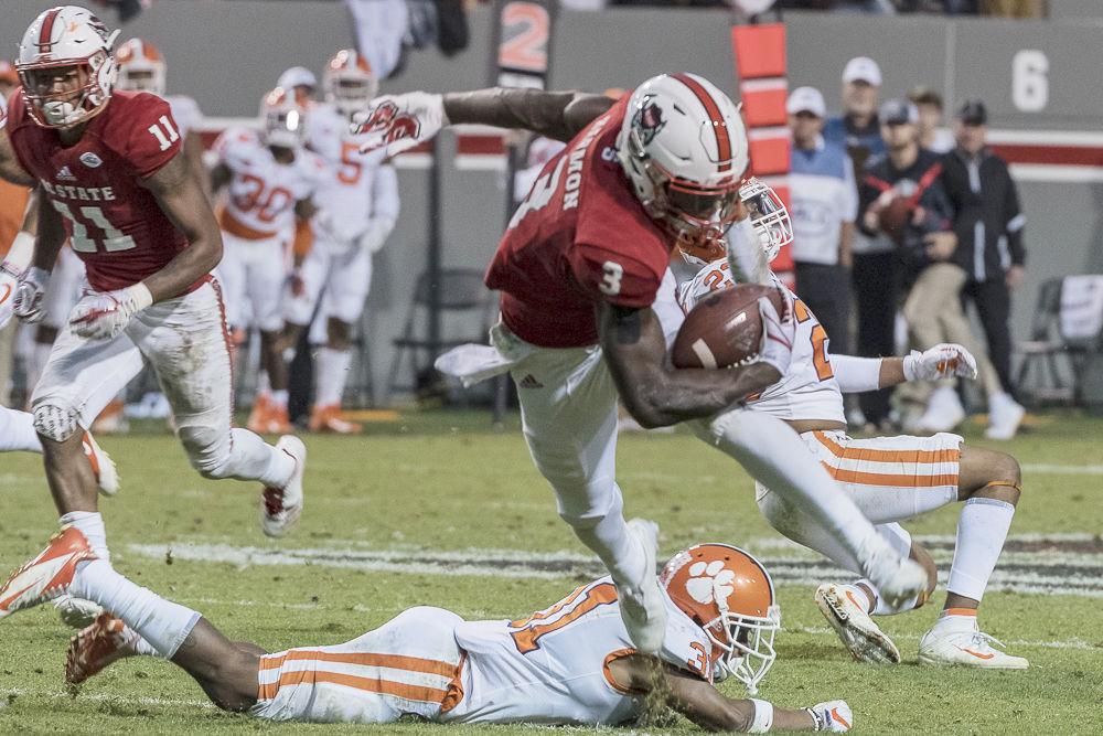 Sophmore wide reciever Kelvin Harmon runs the ball upfield. The Wolfpack lost 31-38 against the Tigers on Saturday November 4 at Carter-Finley Stadium.