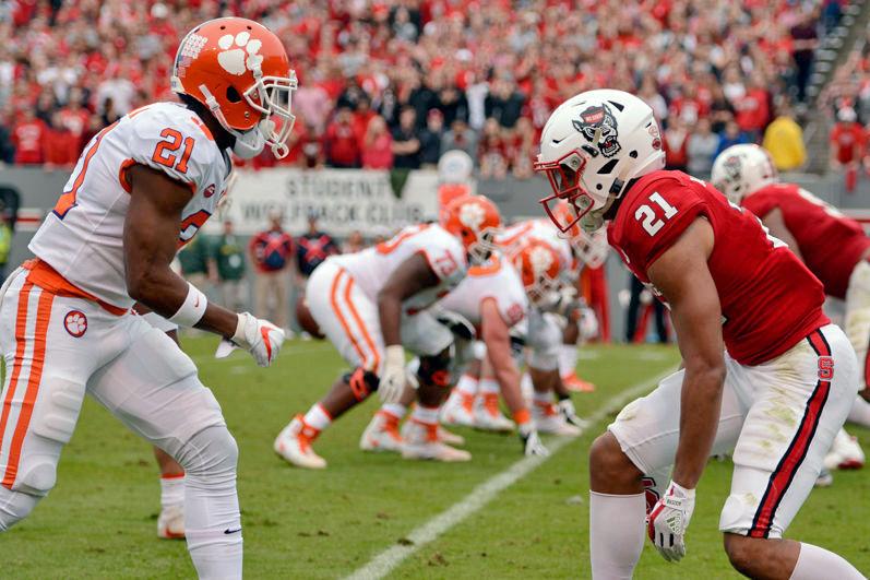 Junior cornerback Nick McCloud lines up against Clemson running back Darien Rencher at Carter-Finley Stadium on Nov. 4, 2017. The Wolfpack lost to Clemson 38-31.