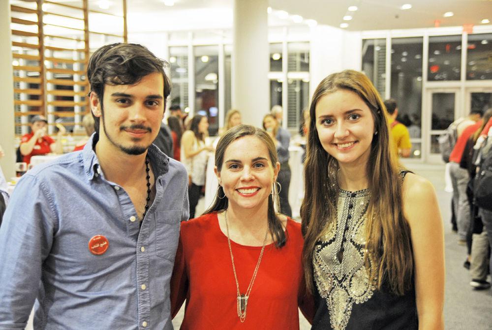 Jonathan Schertz, Mary Long and Sierra Dawson, winners of the Think and Do in 2: Global Storytellers Competition pose for a group photo following the event in Stewart Theatre of Talley Student Union on Wednesday. Participants share their story in the form of a two-minute presentation with six image slides for the chance to win up to $150 in Amazon gift cards.