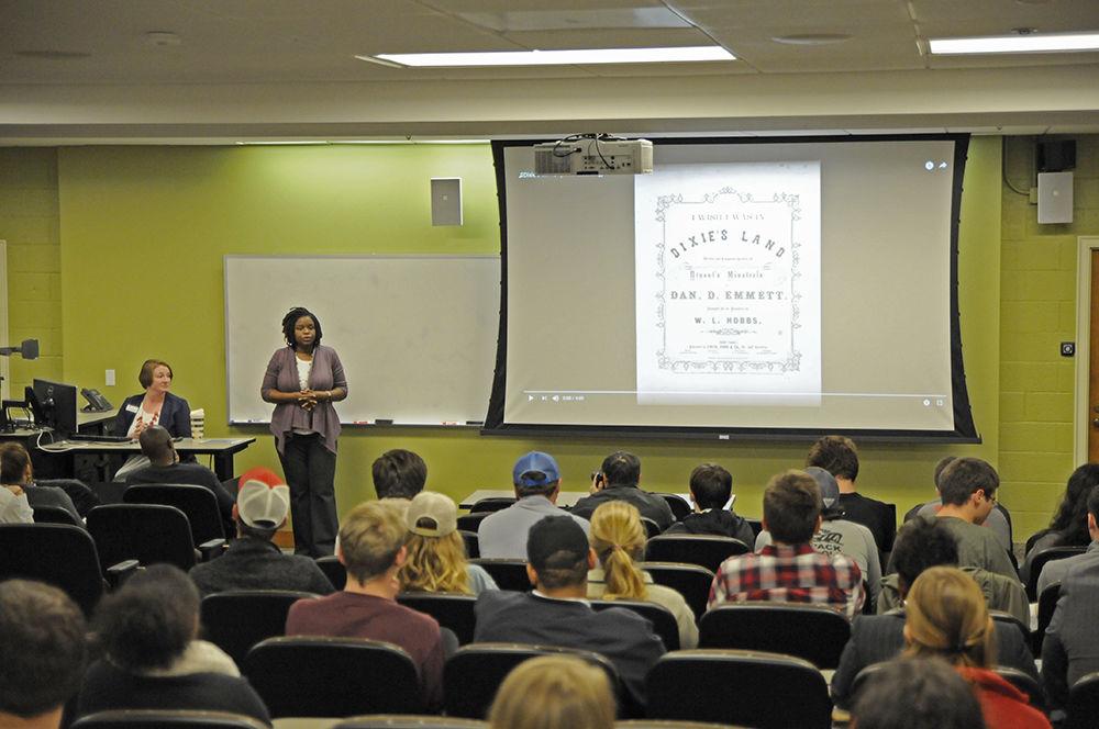 Associate professor of history Blair LM Kelley presents a historical account on the origin of the word "Dixie" and the controversy surrounding the word in Daniels Hall on Tuesday, Nov. 14. Kelley's presentation was part of a larger discussion about the word hosted by the Impact Leadership Village of N.C. State University's living and learning villages.