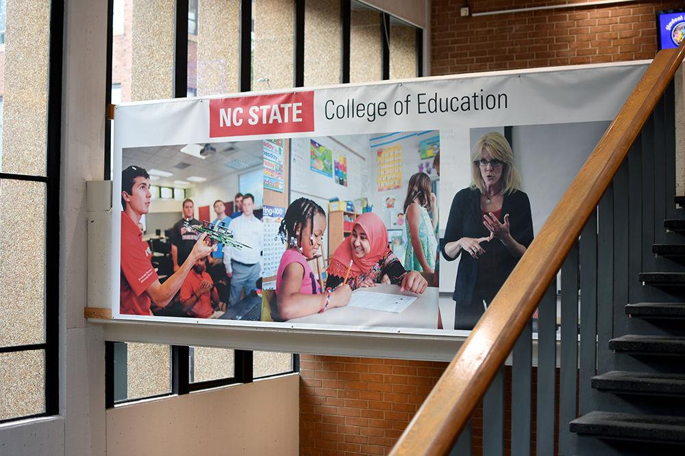 A banner advertising the NC State University College of Education hangs in the entrance to Poe Hall on Aug. 30. Poe Hall is home to the education school at NC State as well as the psychology department and STEM education.