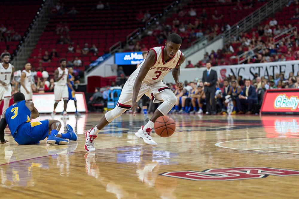 Freshman guard Lavar Batts recovers after a foul durring an exhibition game against Mars Hill at PNC Arena on Friday November 3.