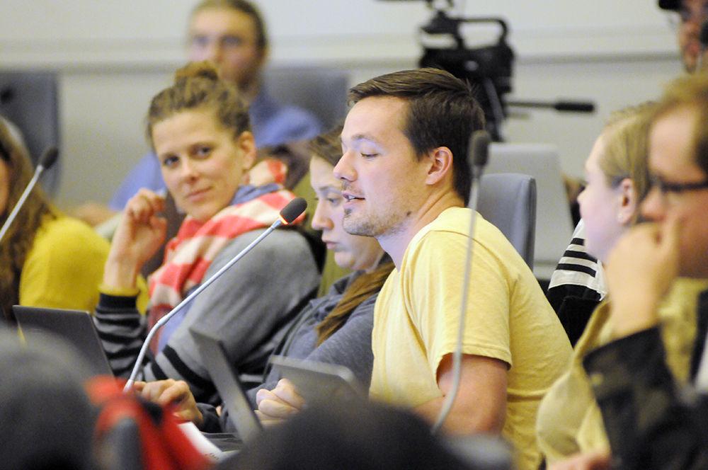 Student Senator Christopher Poteat, a graduate student studying chemistry, addresses the senate about a proposed bill at the student senate meeting on Wednesday. The student senate meets weekly in 4140 of Talley Student Union.