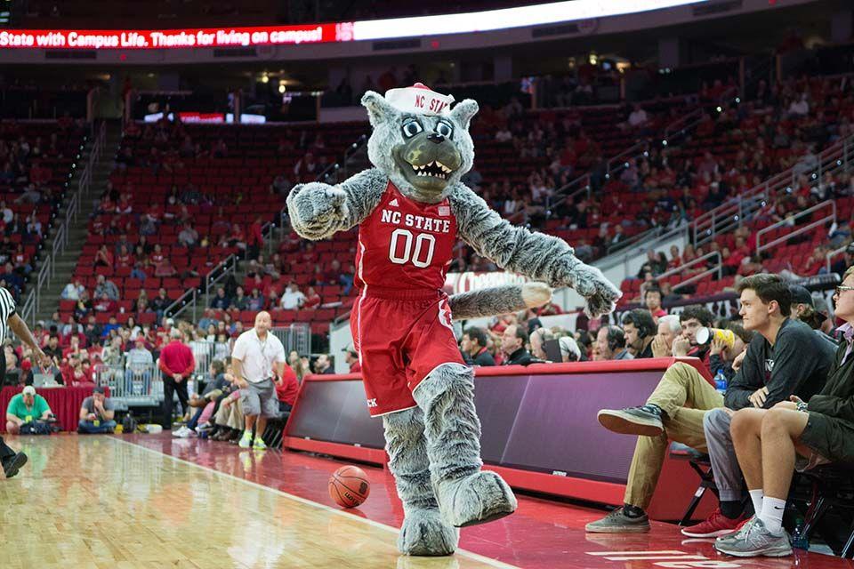 Mr. Wolf hypes up the crowd during a timeout. The NC State mens basketball team beat Cal State LA 71-54 at PNC Arena on November 8th.