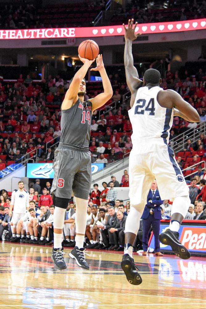 Sophomore center Omer Yurtseven shoots a basket at the basketball game against Penn State in Carter-Finley Stadium, Wednesday, Nov. 29. Yurtseven led the team with a career-high 19 points including a perfect 3-3 from range. The Pack won against the Nittany Lions, 85-78.