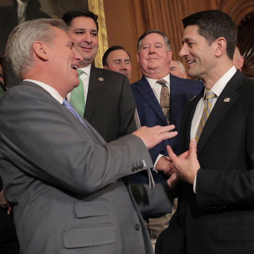 House Republicans, led by Majority Leader Kevin McCarthy (left) and Speaker of the House Paul Ryan, celebrate the passage of their tax legislation on Thursday.
