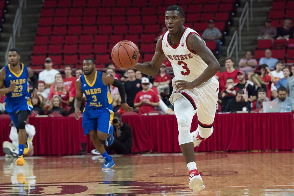 Freshman guard Lavar Batts dribbles the ball up court durring an exhibition game against Mars Hill at PNC Arena on Friday November 3.