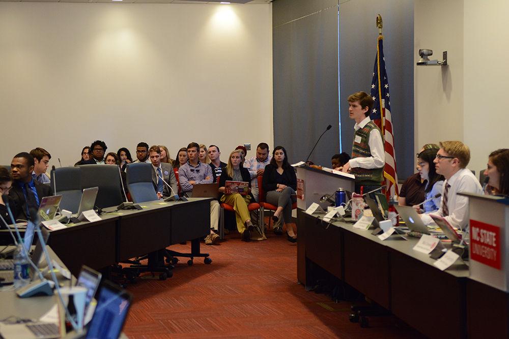 Students nominated for executive cabinet positions wait through opening meeting procedures at a Student Senate meeting in April. Appointees were voted into their positions following a brief moment to speak and a Q&amp;A session with senators during the meeting, which was held in the Student Governance chambers in Talley Student Union.
