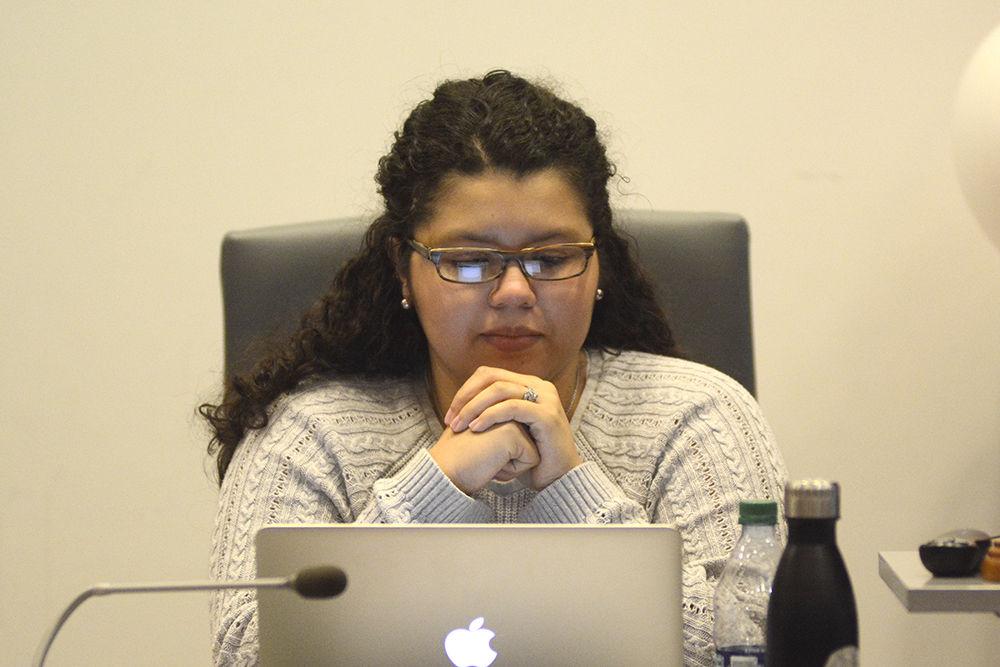 Student Body President Jackie Gonzalez, a fourth-year studying political science, speaks about her decision to veto Finance Bill 52 on Nov. 29 at Talley Student Union. The Senate's motion to override the veto did not pass.