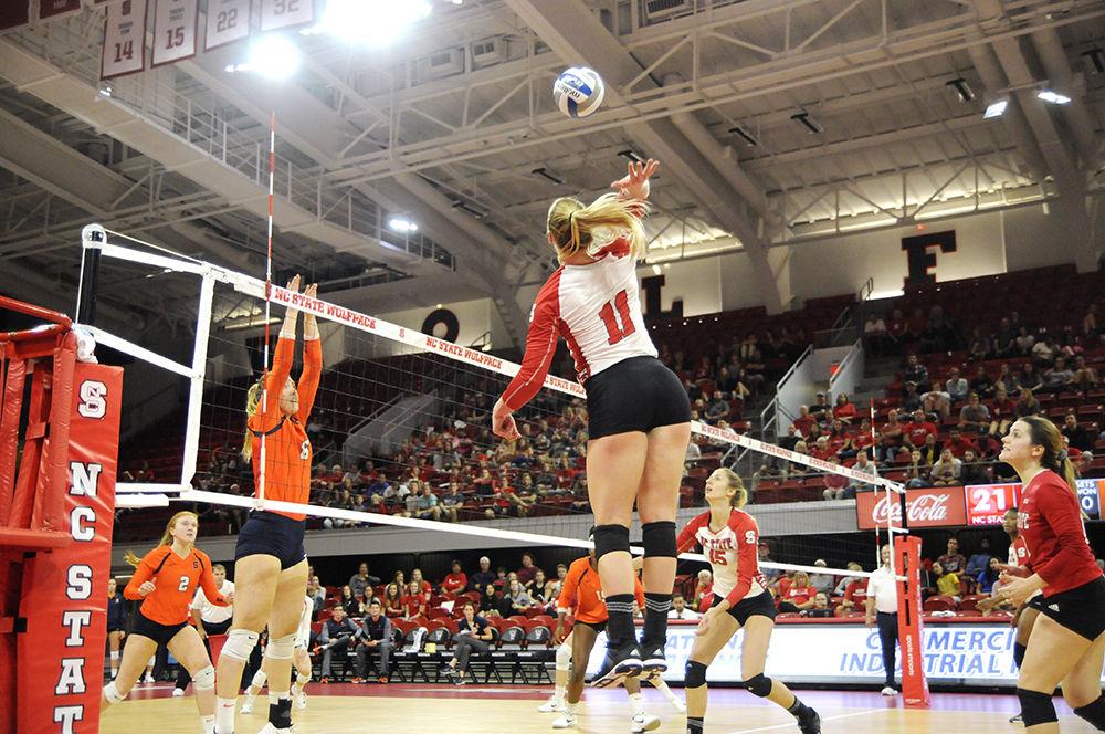 Senior outside hitter Julia Brown returns a volley against opponents from Syracuse in Reynolds Coliseum on Friday. The Wolfpack prevailed against Syracuse winning three sets to Syracuse's zero.