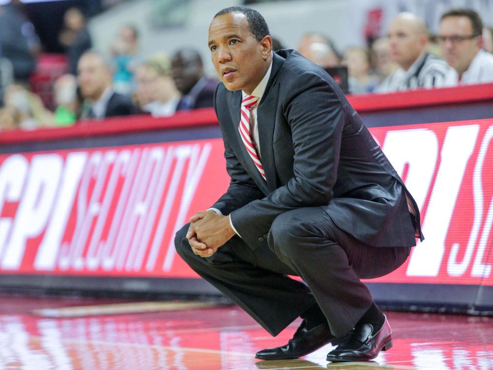 Head coach Kevin Keatts looks on as his team trails late in the first half. The Wolfpack came into the second with force, outscoring Presbyterian 50-24 to come away with a 86-68 win over Presbyterian College on Thursday, Nov. 16 in PNC Arena.