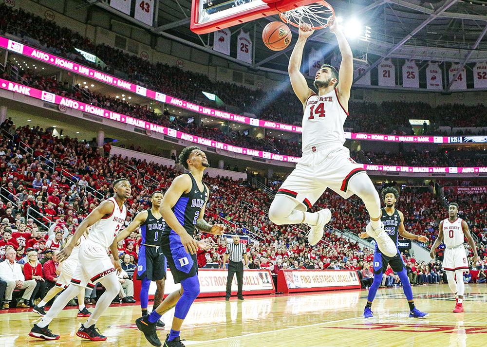 Sophomore center Omer Yurtseven slams home a huge dunk. Yurtseven put up a team-high 16 points and nine rebounds during the 96-85 win over No. 2 Duke in PNC Arena Saturday.