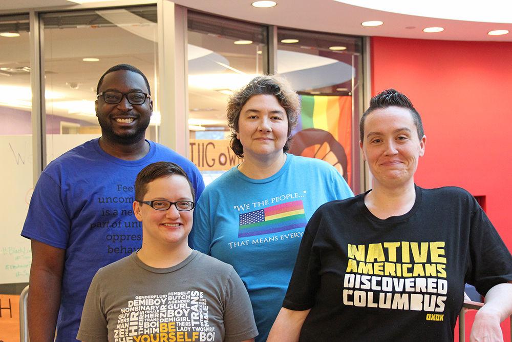 GLBT Center staff members (from left to right) Preston Keith, Andy DeRoin, Lynn Locklear-Fisher, and Renee Wells stand in front of the GLBT Center in Talley Student Union on Oct. 11. The GLBT Center will be celebrating its 10-year anniversary with a celebration on Thursday at 6 p.m. in the Piedmont-Mountains ballroom in Talley Student Union. The event will feature GLBT historical materials and conversation with current and past GLBT staff and community members.&#160;