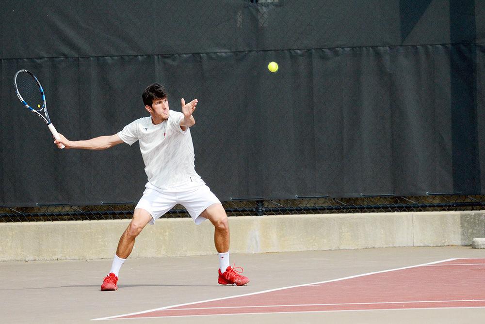Sophomore Ivan Saveljic steadies himself to return his opponent's serve in a match against Miami University at JW Isenhour Tennis Center on April 14, 2017. The doubles match, with sophomore Igor Saveljic, ended in a 6-4 win. The match against Miami ended in a 5-2 win.