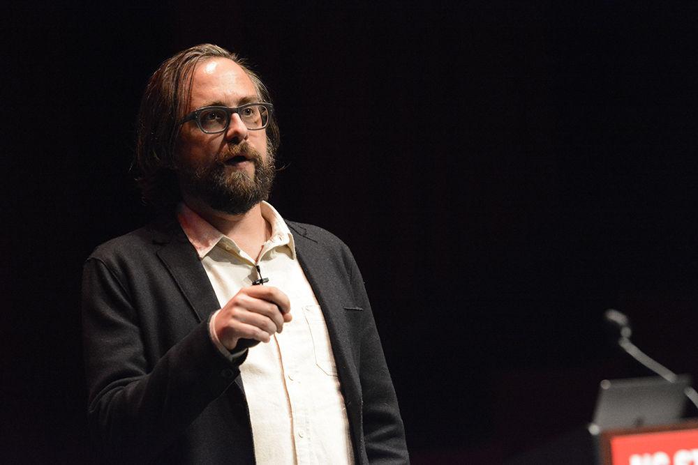 Data artist Jer Thorp speaks at Stewart Theater on Tuesday. Thorp's presentation was featured as part of the "Goodnight Scholars Program Presents Speaker Series." As the Innovator-In-Residence at the Library of Congress, and the most popular data artist in America, Thorp's lecture included visual artistic creations derived from various sets of data in an effort to humanize data and extract patterns and narratives from hard numbers and statistics.
