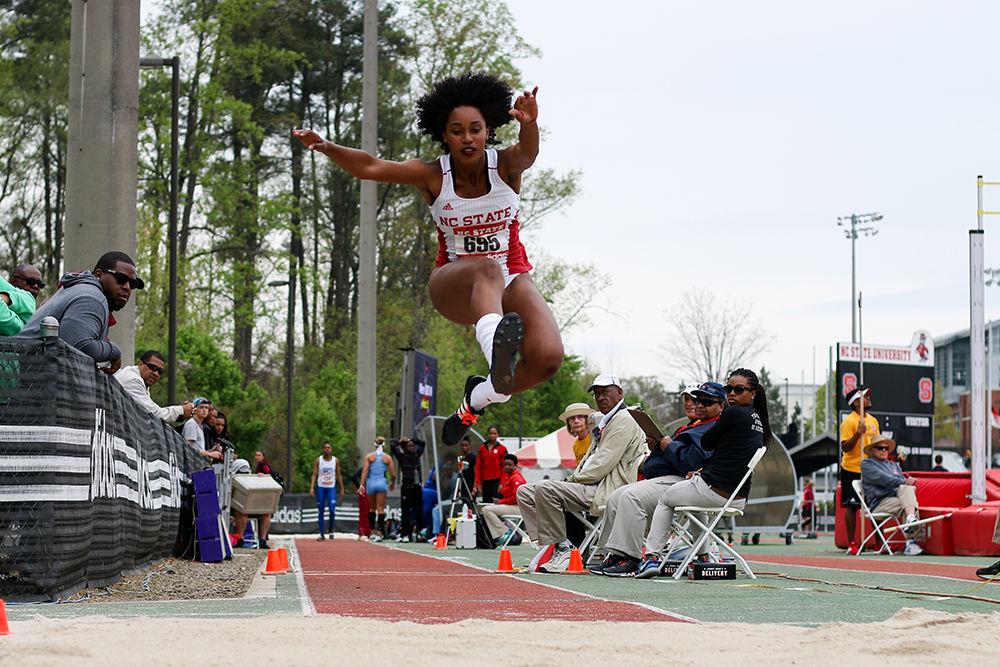 Sophomore Javonne Antoine takes off into the air during the triple jump event during the 2016 Raleigh Relays held at Derr Track on March 26, 2016. Antoine's final jump of 40'4.00" landed her a third place finish overall in the event. She is currently ranked sixth in the nation.