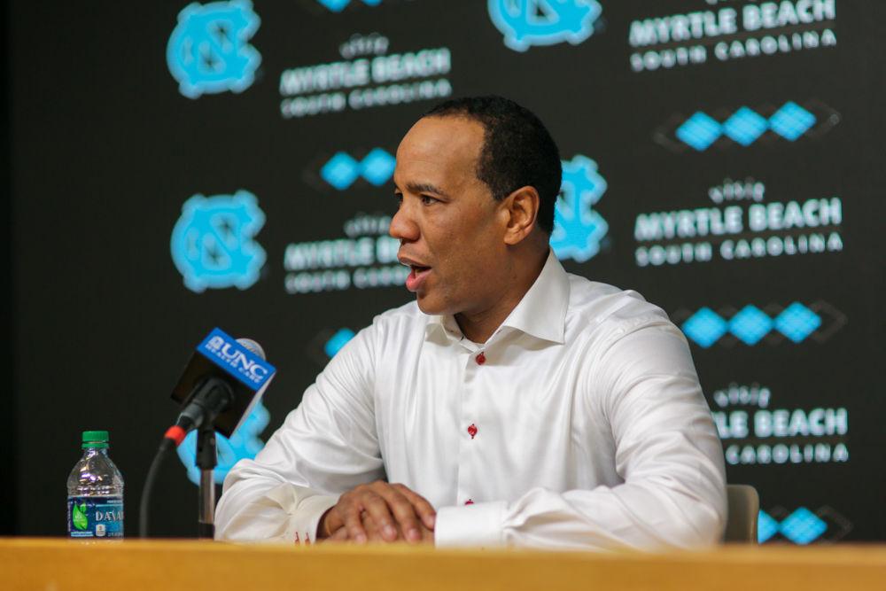 Head coach Kevin Keatts speaks at his post-game press conference after the 95-91 overtime thriller over UNC in the Smith Center on Saturday, Jan. 27.