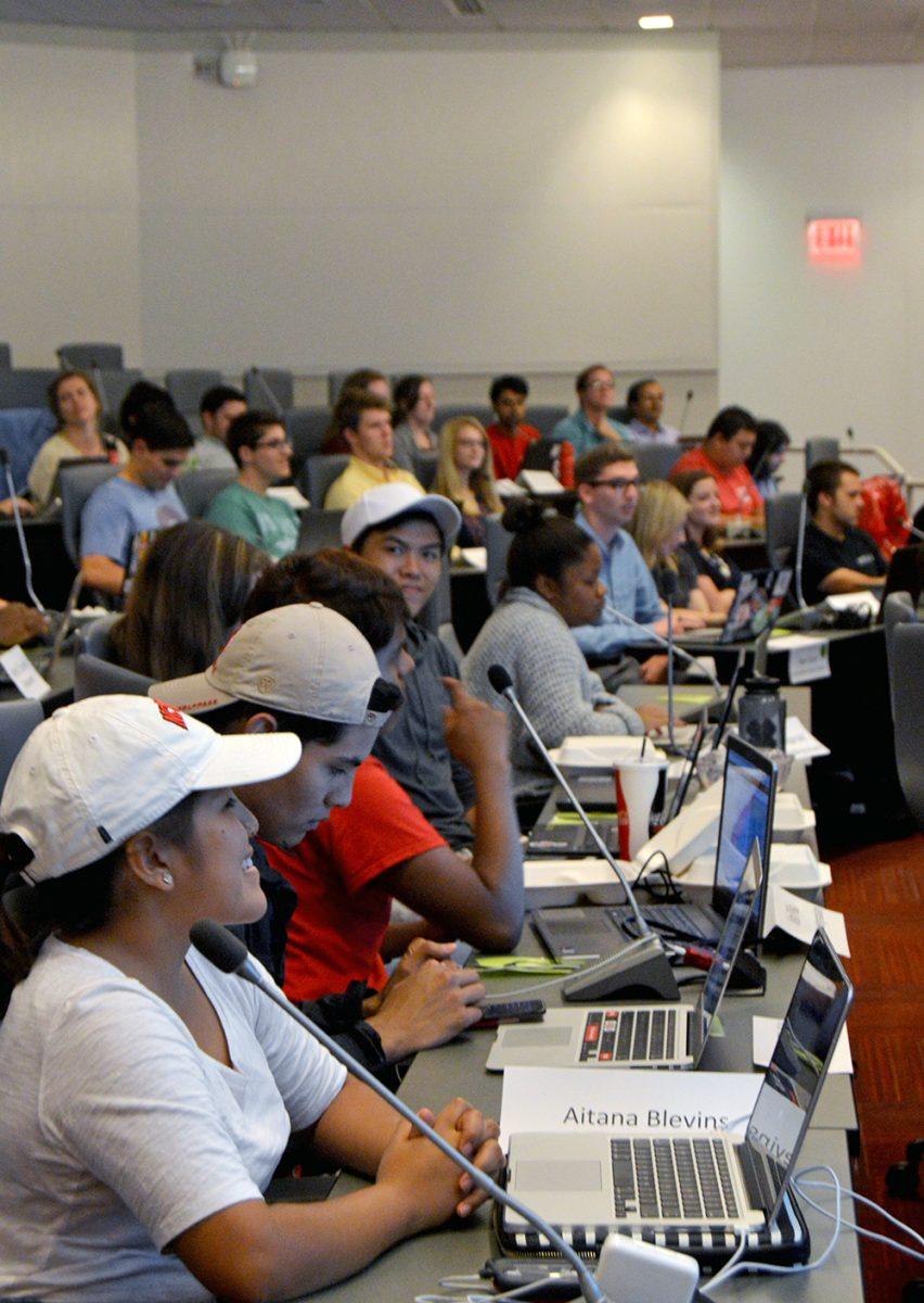 The new first-year undergraduate Senate members sit front row during the Student Senate meeting on Wednesday, Oct. 11, 2017 in the Senate Chambers in Talley Student Union. This Senate meeting and others give the opportunity for first-year students to state their concerns.
