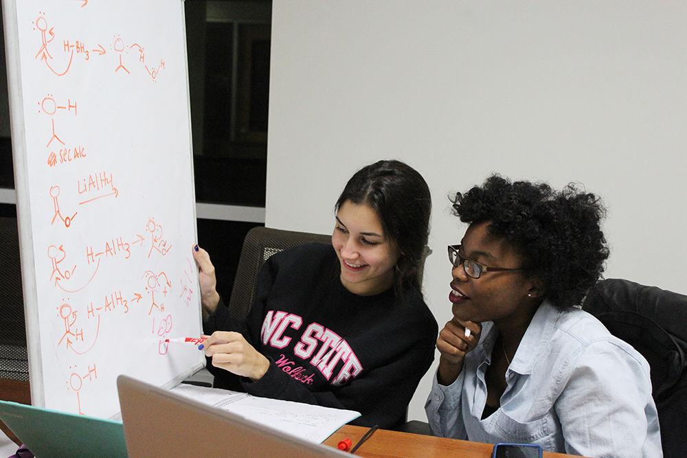 Shaunaci Stevens, a sophomore studying in biological science tutors Melisa Pasli, a sophomore studying polymer and color chemistry during a WISE tutoring session on Tuesday in Lee Hall. The tutoring program is designed to help women in science and engineering majors as part of the WISE Village.