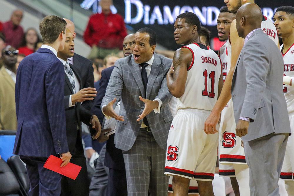 Head coach Kevin Keatts gesticulates in frustration as he thought a timeout was given to a Miami player not in possession at the time. This sealed the fate of the Pack losing their first home ACC game 86-81 in PNC Arena on Sunday, Jan. 21.