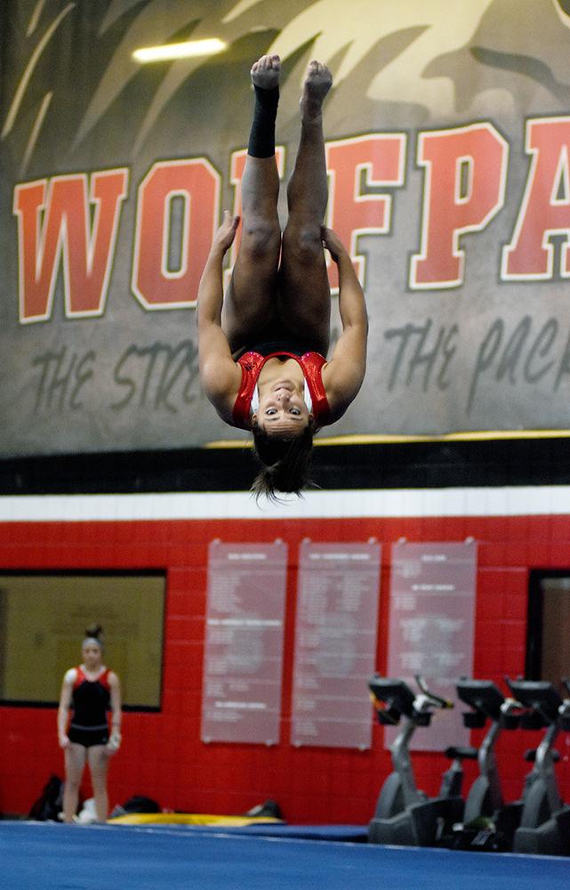 Sophomore Drew Grantham practices a floor routine in Carmichael Gym on Thursday, Jan. 4. Grantham scored a 9.85 in the floor event against UNC-CH on Friday, Jan. 12. Grantham finished with a total score of 39.025.