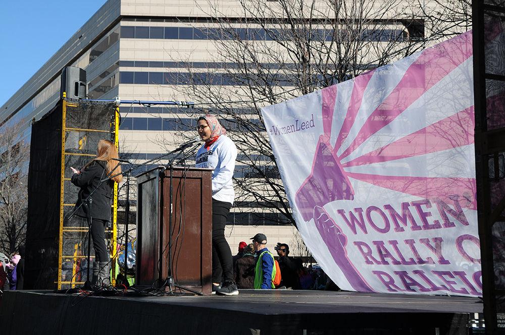 Nida Allam of the North Carolina Democratic Party addresses participants in the Women's Rally on Raleigh on Halifax Mall in downtown Raleigh on Saturday. The Women's Rally on Raleigh is a rally supporting women's rights consisting of live protest music, several speakers, and like-minded people coming together to protest a multitude of moral issues.