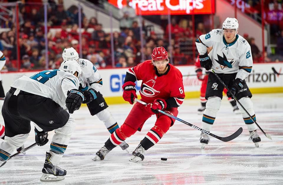 San Jose Sharks defenseman Brent Burns poke checks the puck off Noah Hanifin's stick early in the third period at PNC Arena on Sunday for a 3-1 Hurricanes loss. "Well, I didn't think we were very good, thought some guys were fast asleep at the start of the game," Canes head coach Bill Peters said. This is the second straight loss for the Hurricanes during the February homestretch.