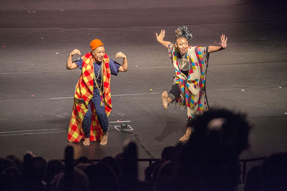 Courtney J. Cook and Tendayi Kuumba, performers in the Urban Bush Women company, began the "Hair &amp; Other Stories" show singing and dancing on stage in Stewart Theatre on Friday. The mission of the Urban Bush Women is to "bring the untold and under-told histories and stories of disenfranchised people to light through dance."