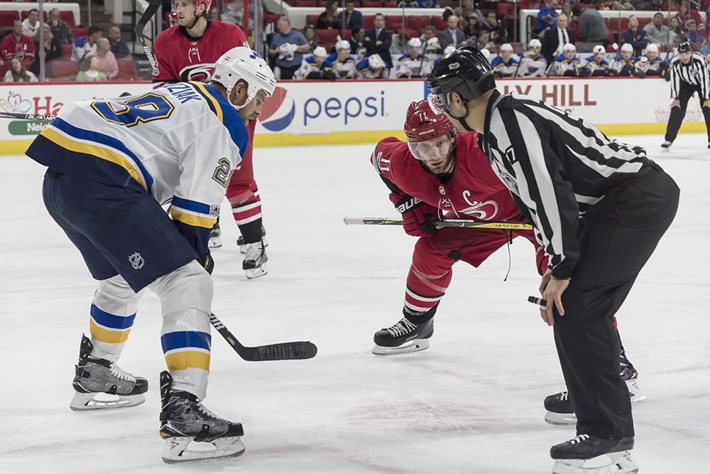 Carolina Hurricanes Captain Jordan Staal gets into the zone before a face-off into the third period. The Hurricanes lost the game to the St. LouisBlues 2-1 at PNC Arena on Friday Oct. 27 for a home record of 1-2-1. The Hurricanes are currently 7th in the Metropolitan Division.