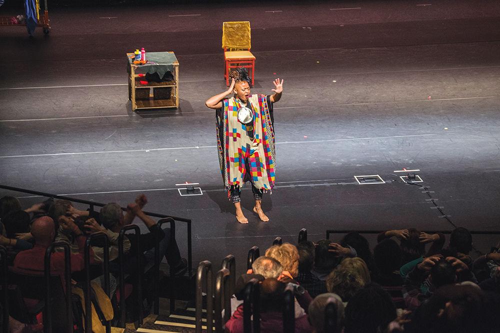 Tendayi Kuumba, a performer in the Urban Bush Women company, interacted with the audience during the "Hair &amp; Other Stories" show in Stewart Theatre on Friday. The mission of the Urban Bush Women is to "bring the untold and under-told histories and stories of disenfranchised people to light through dance."