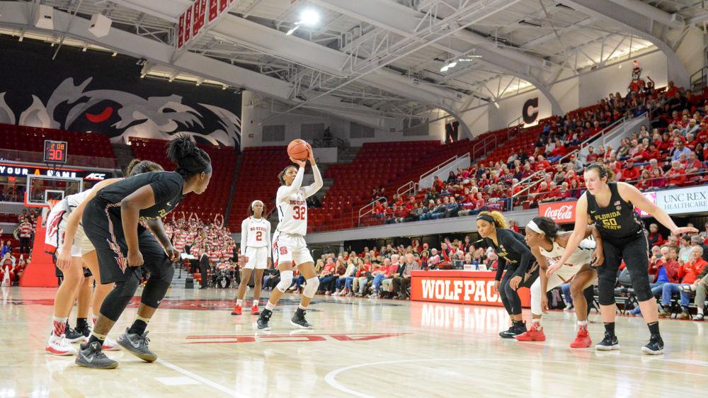 Senior center, Akela Maize shoots a free throw shot during the gam against Florida State. Maize contributed 18 points, 4 rebounds, and 5 blocks for the Pack. The Wolfpack won the game by a score of 65-56 at Reynolds Coliseum on Thursday, Feb. 1.