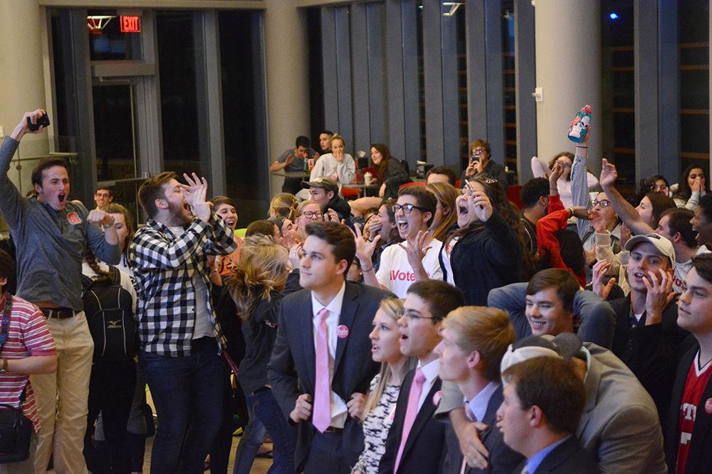 Supporters celebrate after it is announced that president and vice president candidates Jackie Gonzalez, a junior studying political science, and Mia Connell, a sophomore studying sociology, respectively, won the runoff election. Election results were announced in Talley Student Union on March 2, 2017 and included the winners of runoff races for senate seats in the Poole College of Management, the College of Humanities and Social Sciences and the College of Engineering.
